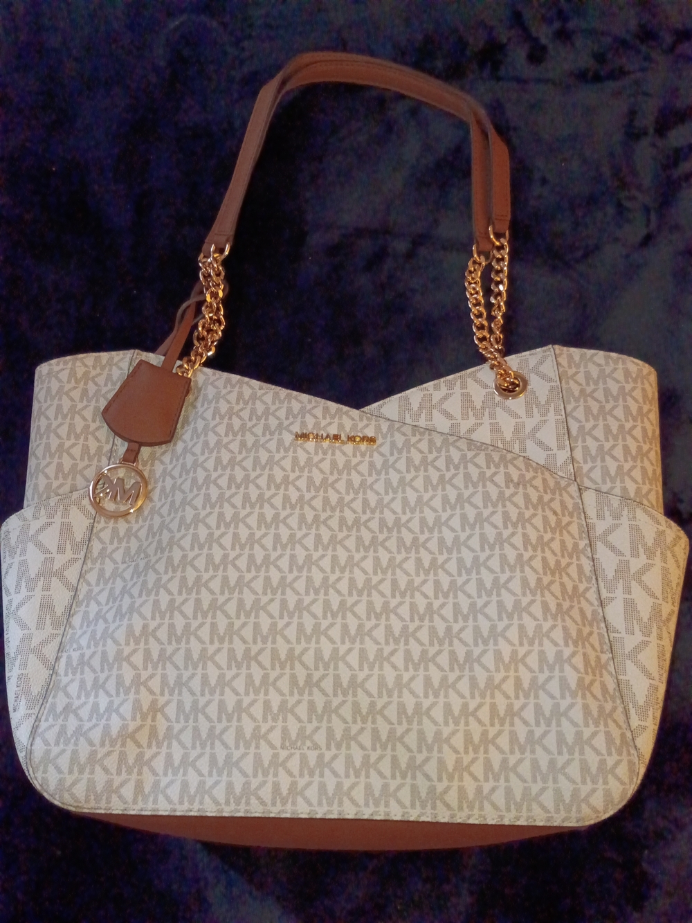 Michael Kors Cream Monogram Tote with Brown Trim and Gold Hardware